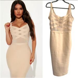NWT! Fashion Nova L Cassidy Bandage Midi Dress Sheer Bodycon Sexy Nude Cream